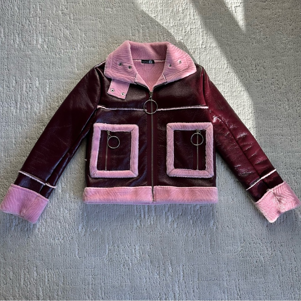 Boohoo Faux Leather Fur Jacket Maroon Pink S